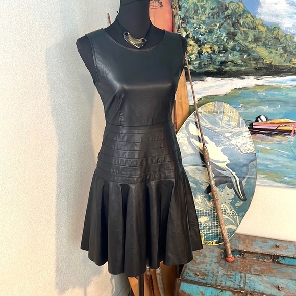 Neiman Marcus,Habitual Black Faux Leather Fit & Flare Banded Waist Dress,Size XS - Picture 7 of 14